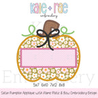 Girl's Pumpkin Satin Applique Embroidery Design: Design preview of a floral pumpkin applique with a black bow and an empty name plate, available in 5x7, 6x10, 7x12, and 8x8