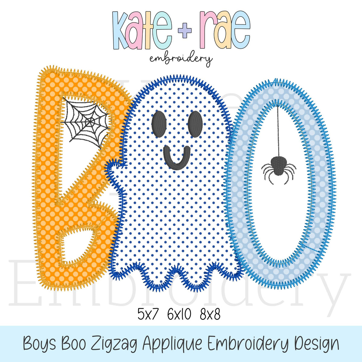 Boy's Boo Halloween Zigzag Applique Embroidery Design: Design preview of the word BOO with a navy polka dot ghost, spiderweb, and spider, available in 5x7, 6x10, and 8x8