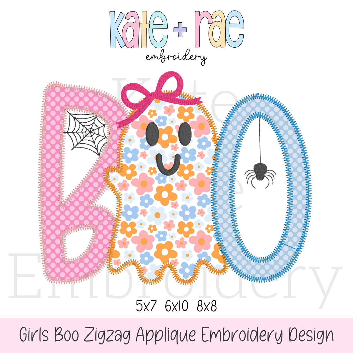 Girl's Boo Halloween Zigzag Applique Embroidery Design: Design preview of the word BOO with a floral ghost wearing a pink bow, available in 5x7, 6x10, and 8x8