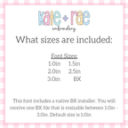 Merritt Fill Stitch Embroidery Font: The name mattie in pink fill stitch letters on a pink striped lunch bag