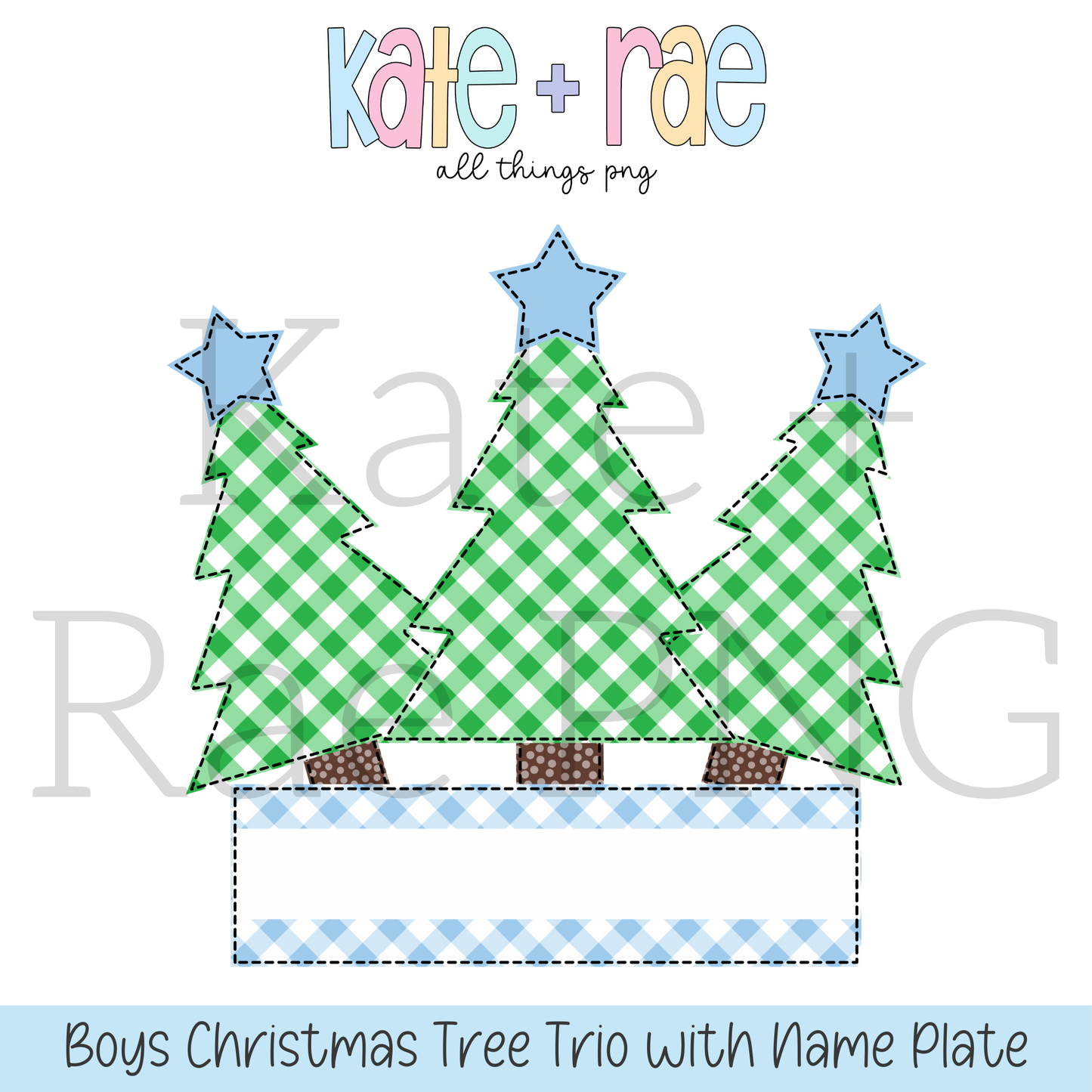 Boy's Christmas Tree Trio with Blue Stars Faux Applique with Name Plate PNG