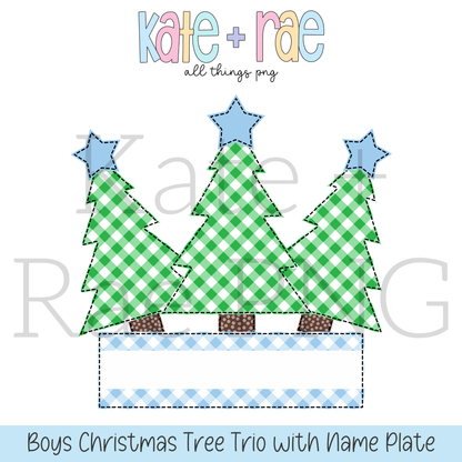 Boy's Christmas Tree Trio with Blue Stars Faux Applique with Name Plate PNG