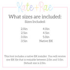 Varsity Bean Stitch Applique Embroidery Font: Size chart showing font sizes 2 to 5 inches plus a native BX file resizable from 2 to 5 inches, default 2 inches