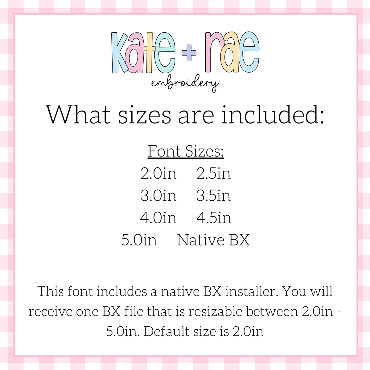 Cupcake Zigzag Stitch Applique Embroidery Font: Size chart showing font sizes 2 to 5 inches plus a native BX file resizable from 2 to 5 inches, default 2 inches