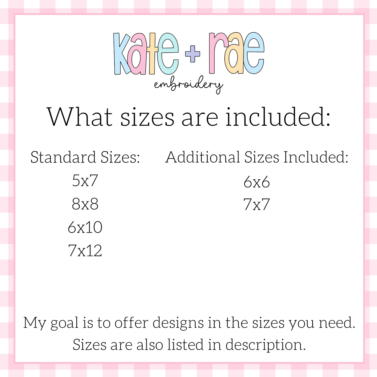 Bulldogs Script Sketch Stitch with Satin Stitch Outline Embroidery Design: Size chart showing standard sizes 5x7, 8x8, 6x10, and 7x12 plus additional sizes 6x6 and 7x7