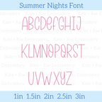 Summer Nights Blitz Stitch Embroidery Font: Uppercase A to Z alphabet in a tall, thin pink font, available in 1 to 3 inch sizes