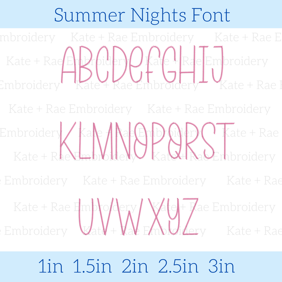 Summer Nights Blitz Stitch Embroidery Font: Uppercase A to Z alphabet in a tall, thin pink font, available in 1 to 3 inch sizes