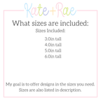 Scalloped Square ITH Banner Bean Stitch Applique Embroidery Design: Size chart showing sizes 3.0in, 4.0in, 5.0in, and 6.0in tall