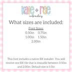 Friendship Embroidery Font: Size chart showing font sizes 0.5 to 2 inches plus a native BX file resizable from 0.5 to 2 inches, default 1 inch