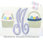Boy's Simple Easter Basket Mini Fill Embroidery Design: Purple script monogram between a pink bow Easter basket and a blue band Easter basket on white fabric