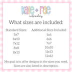Shamrock with Bow Zigzag Stitch Applique Embroidery Design: Size chart showing standard sizes 5x7 to 8x13 plus additional sizes 5x5 to 12x12