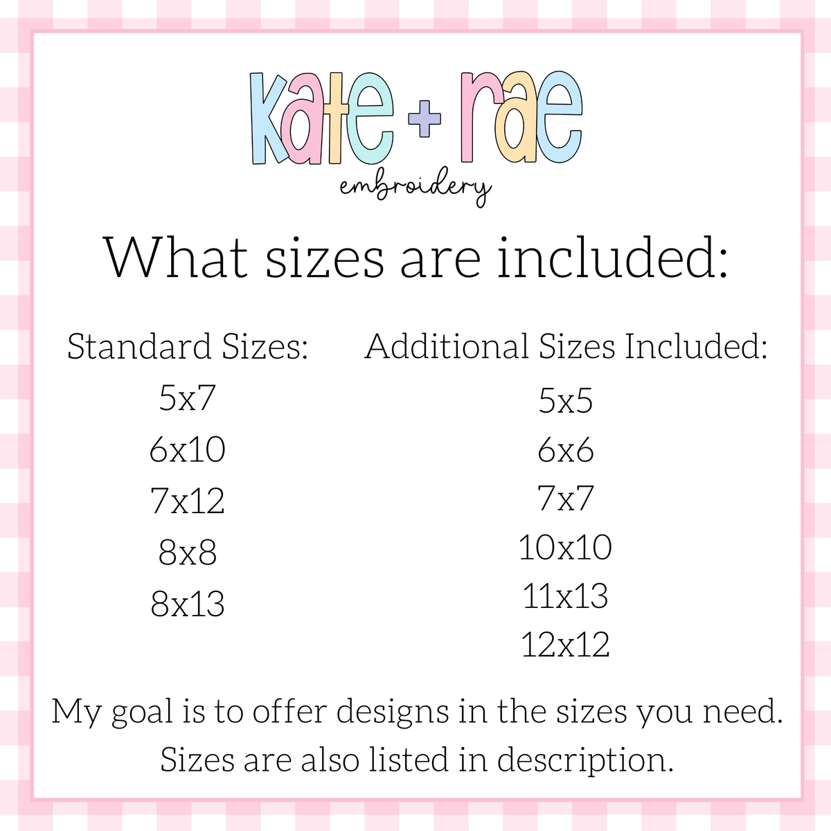 Shamrock with Bow Zigzag Stitch Applique Embroidery Design: Size chart showing standard sizes 5x7 to 8x13 plus additional sizes 5x5 to 12x12