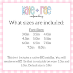 Scalloped Monogram Zigzag Stitch Applique Embroidery Font: Font size chart showing sizes 3.0in to 8.0in with a native BX file resizable from 3.0in to 8.0in