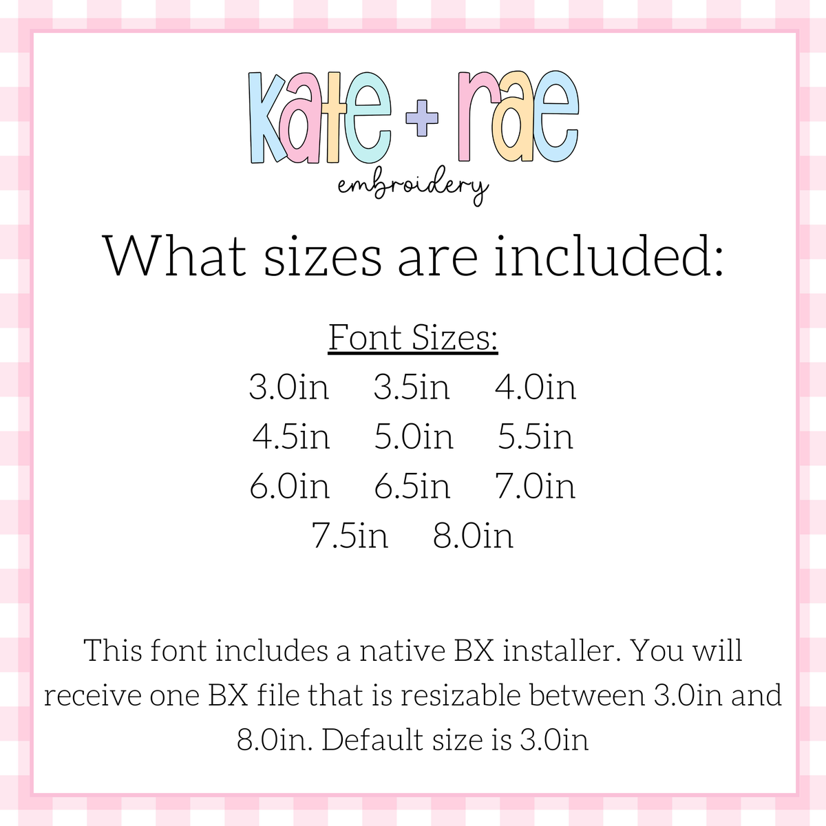 Scalloped Monogram Zigzag Stitch Applique Embroidery Font: Font size chart showing sizes 3.0in to 8.0in with a native BX file resizable from 3.0in to 8.0in