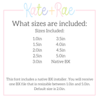 Beau Fill Stitch with Satin Border Embroidery Font: Font size chart showing sizes 1.0in to 5.0in with a native BX file resizable from 1.0in to 5.0in