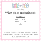 Gracie Sketch Stitch Embroidery Font: Font size chart showing sizes 1.0in, 1.5in, 2.0in, 2.5in, and 3.0in with a native BX file resizable from 1.0in to 3.0in