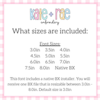 Heart Monogram Zigzag Stitch Applique Embroidery Design: Size chart showing font sizes 3 to 8 inches plus a native BX file resizable from 3 to 8 inches, default 3 inches