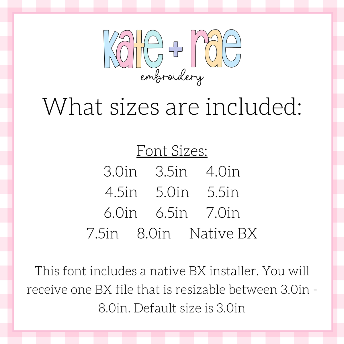 Heart Monogram Zigzag Stitch Applique Embroidery Design: Size chart showing font sizes 3 to 8 inches plus a native BX file resizable from 3 to 8 inches, default 3 inches