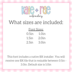Happy Days Bean Stitch Embroidery Font: Font size chart showing sizes 0.5in to 3.0in with a native BX file resizable from 0.5in to 3.0in
