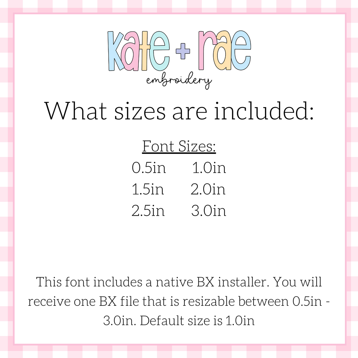 Happy Days Bean Stitch Embroidery Font: Font size chart showing sizes 0.5in to 3.0in with a native BX file resizable from 0.5in to 3.0in