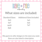 Butterfly Trio Sketch Stitch Embroidery Design: Size chart showing standard sizes 4x4, 5x7, 6x10, and 8x8 plus additional sizes 5x5, 6x6, and 7x7