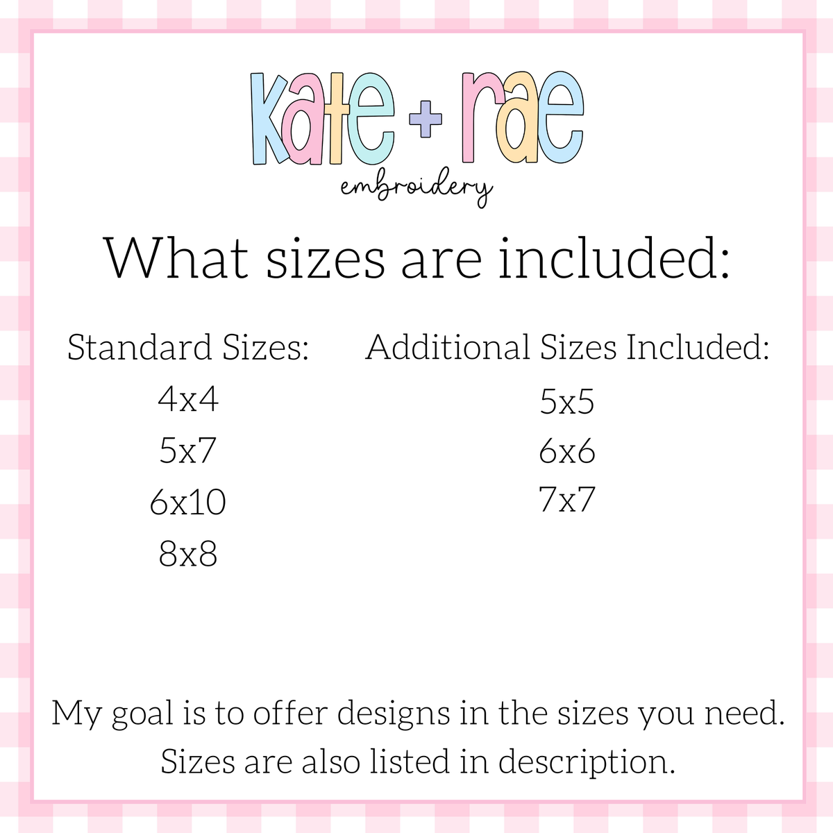 Butterfly Trio Sketch Stitch Embroidery Design: Size chart showing standard sizes 4x4, 5x7, 6x10, and 8x8 plus additional sizes 5x5, 6x6, and 7x7