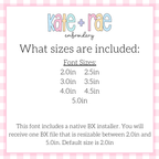 Playground Bean Stitch Applique Embroidery Font: Font size chart showing sizes 2.0in to 5.0in with a native BX file resizable from 2.0in to 5.0in