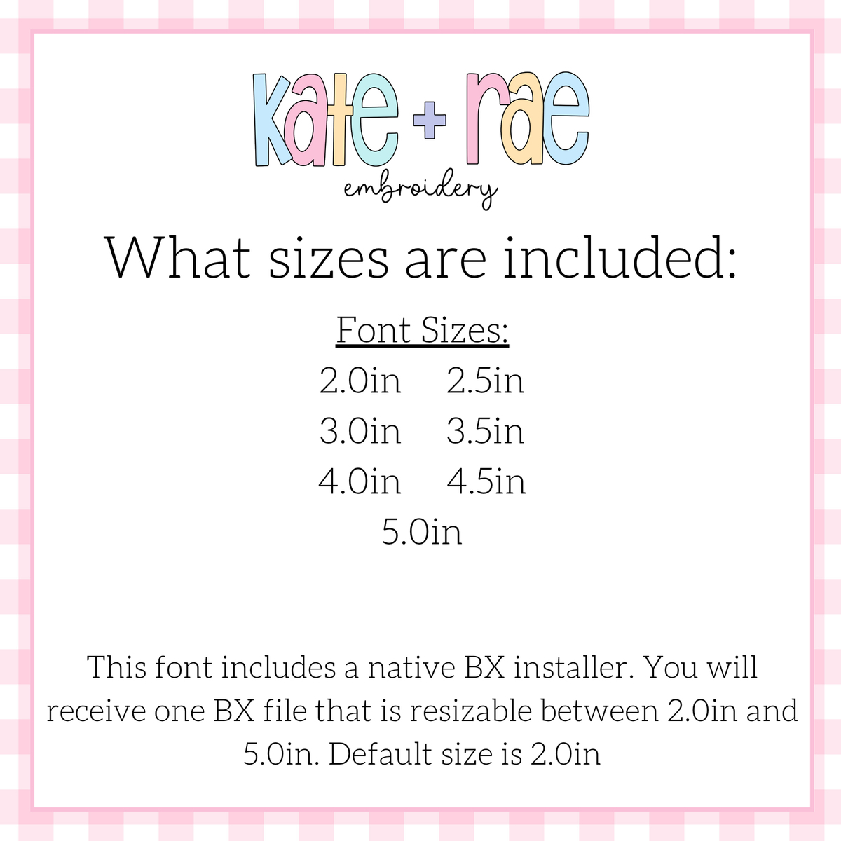 Playground Bean Stitch Applique Embroidery Font: Font size chart showing sizes 2.0in to 5.0in with a native BX file resizable from 2.0in to 5.0in