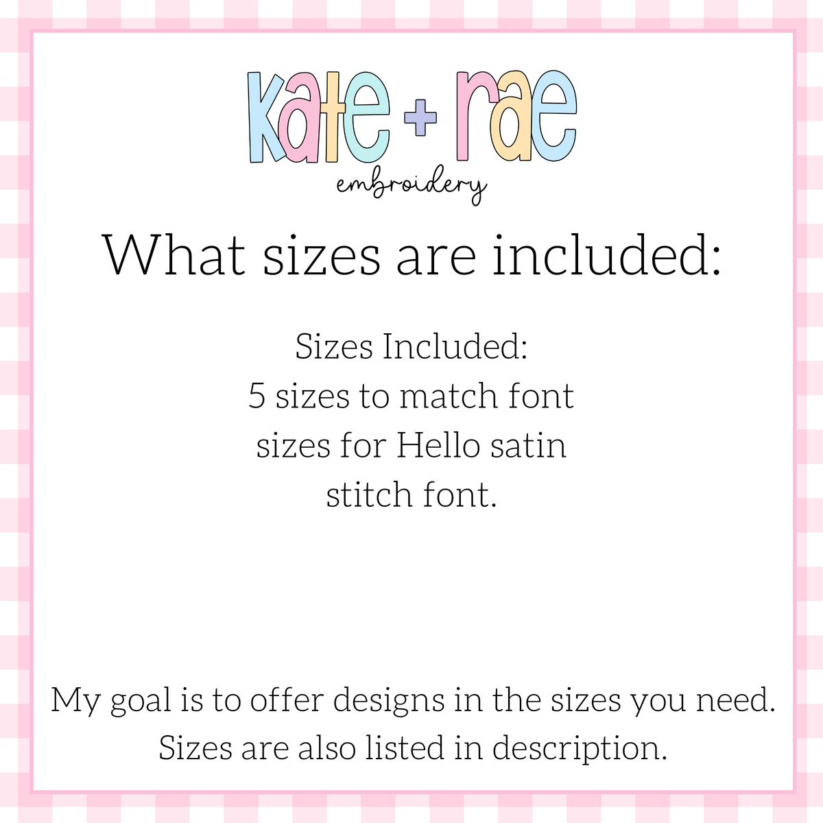 Flowy Bow Font Add On Embroidery Design: Size information noting five sizes to match the Hello satin stitch font
