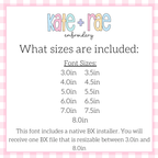 Scalloped Monogram Satin Stitch Applique Embroidery Font: Size chart showing font sizes 3 to 8 inches plus a native BX file resizable from 3 to 8 inches
