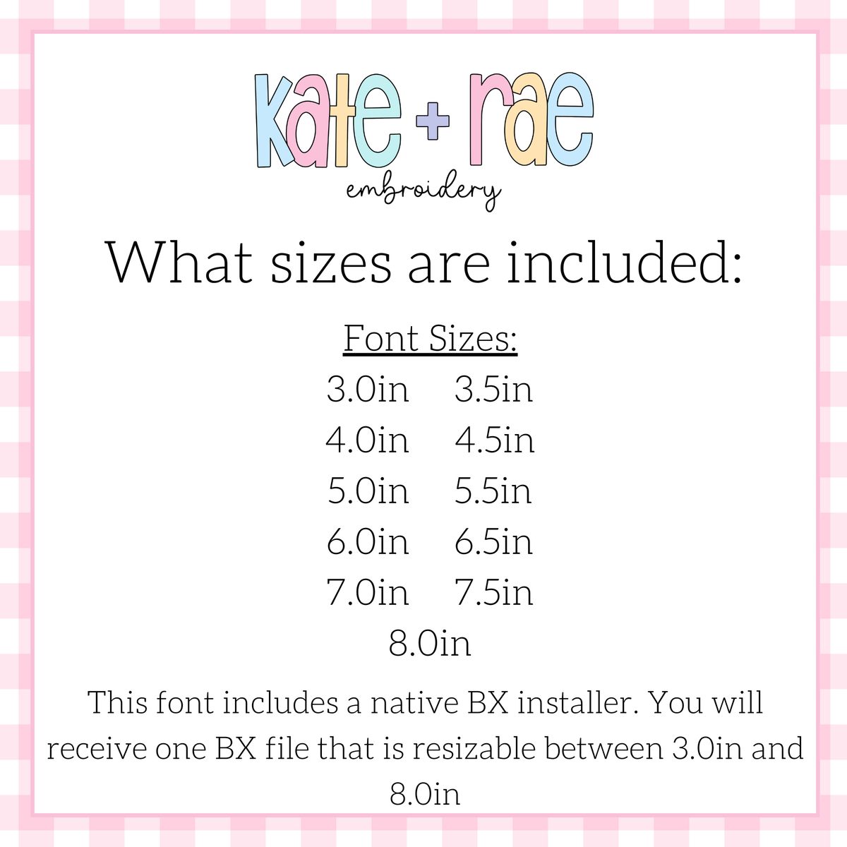Scalloped Monogram Satin Stitch Applique Embroidery Font: Size chart showing font sizes 3 to 8 inches plus a native BX file resizable from 3 to 8 inches