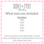 Delilah Two Toned Satin Stitch Embroidery Font: Font size chart showing sizes 1.0in, 1.5in, 2.0in, 2.5in, and 3.0in with a native BX file resizable from 1.0in to 3.0in