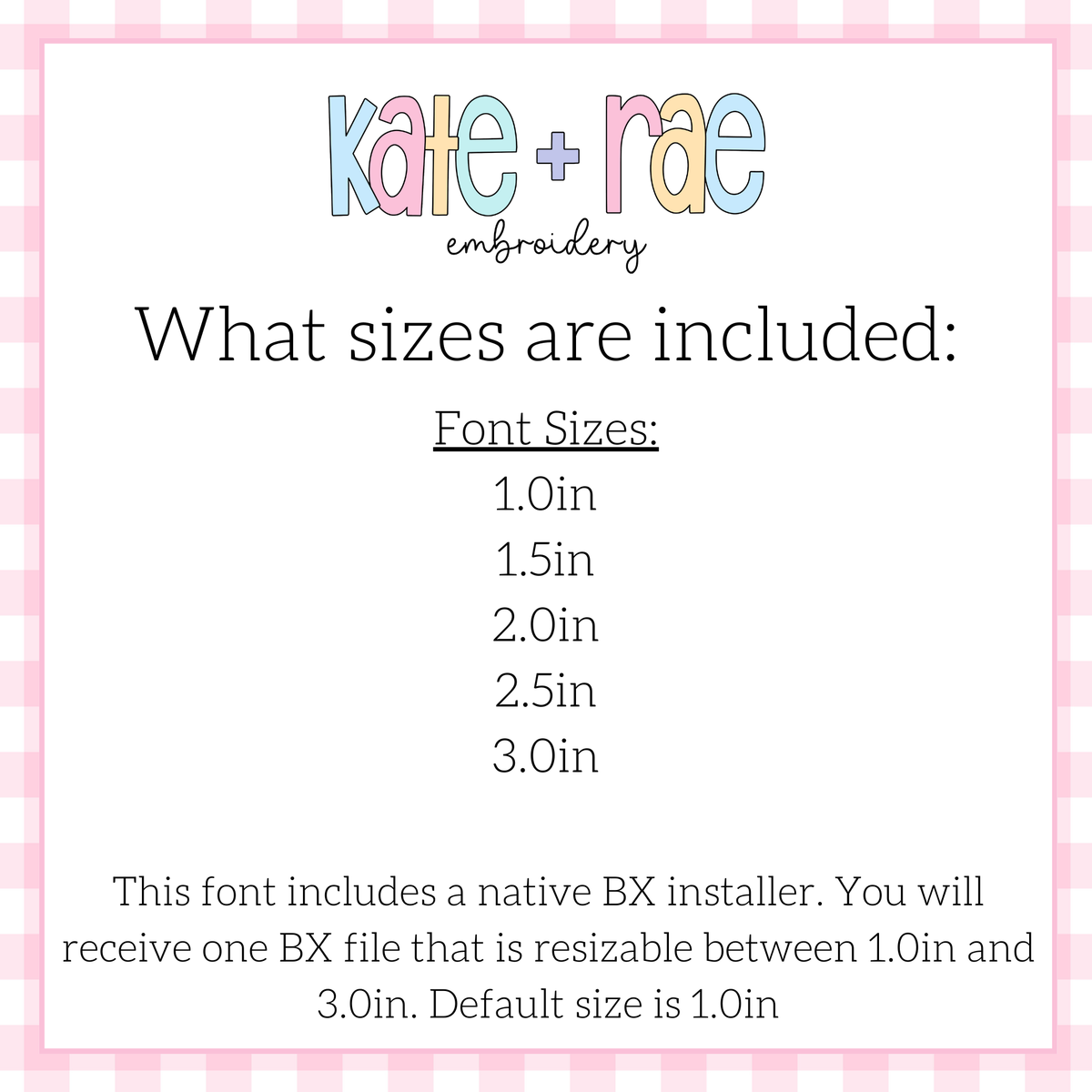 Delilah Two Toned Satin Stitch Embroidery Font: Font size chart showing sizes 1.0in, 1.5in, 2.0in, 2.5in, and 3.0in with a native BX file resizable from 1.0in to 3.0in