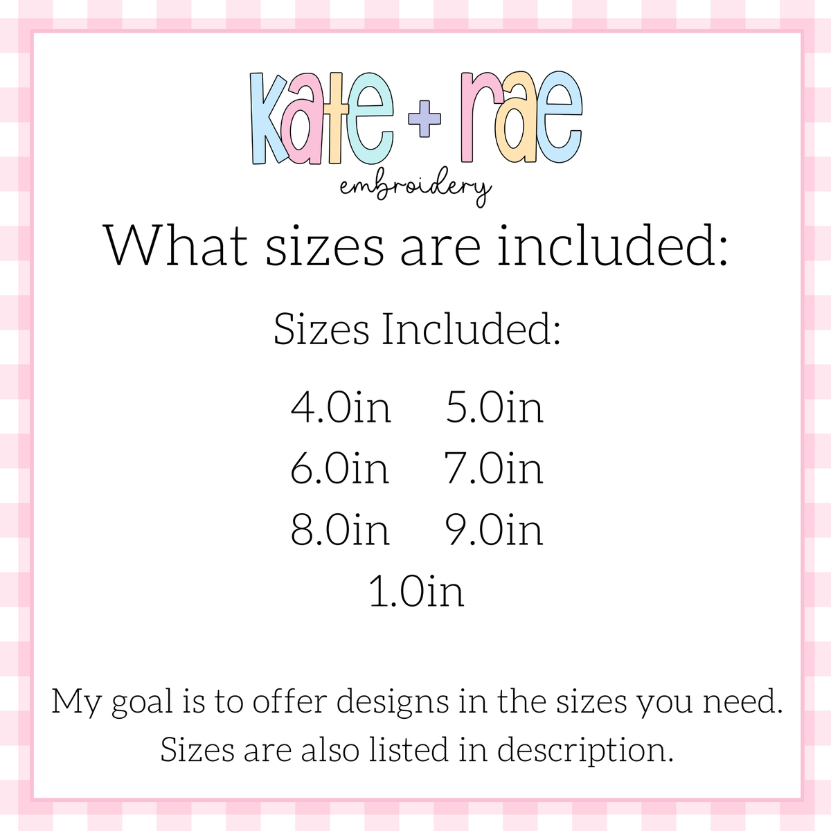 Longtail Bow Satin Stitch Applique Embroidery Design: Size chart showing sizes 1.0in, 4.0in, 5.0in, 6.0in, 7.0in, 8.0in, and 9.0in