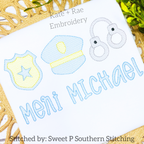 Police Trio Sketch Stitch Embroidery Design: Sketch stitch police badge, hat, and handcuffs above the name Meni Michael in blue on a white shirt