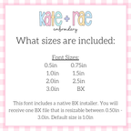 Hello Bean Stitch Embroidery Font: Size chart showing font sizes 0.5 to 3 inches plus a native BX file resizable from 0.5 to 3 inches, default 1 inch
