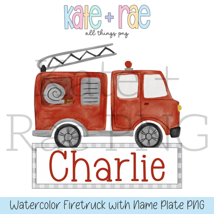 Watercolor Firetruck with Nameplate PNG