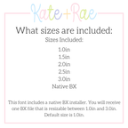 Valentine Heart Satin Stitch Embroidery Font: Font size chart showing sizes 1.0in to 3.0in with a native BX file resizable from 1.0in to 3.0in