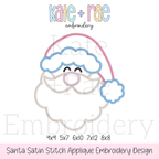 Santa Claus Satin Stitch Applique Embroidery Font: Design preview of a satin stitch applique Santa face with a pink hat and blue trim, available in 4x4, 5x7, 6x10, 7x12, and 8x8
