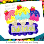 Ice Cream Trio Zigzag Applique Embroidery Design: Three ice cream cones with sprinkles and cherries above a purple name plate reading Oakleigh on a white shirt