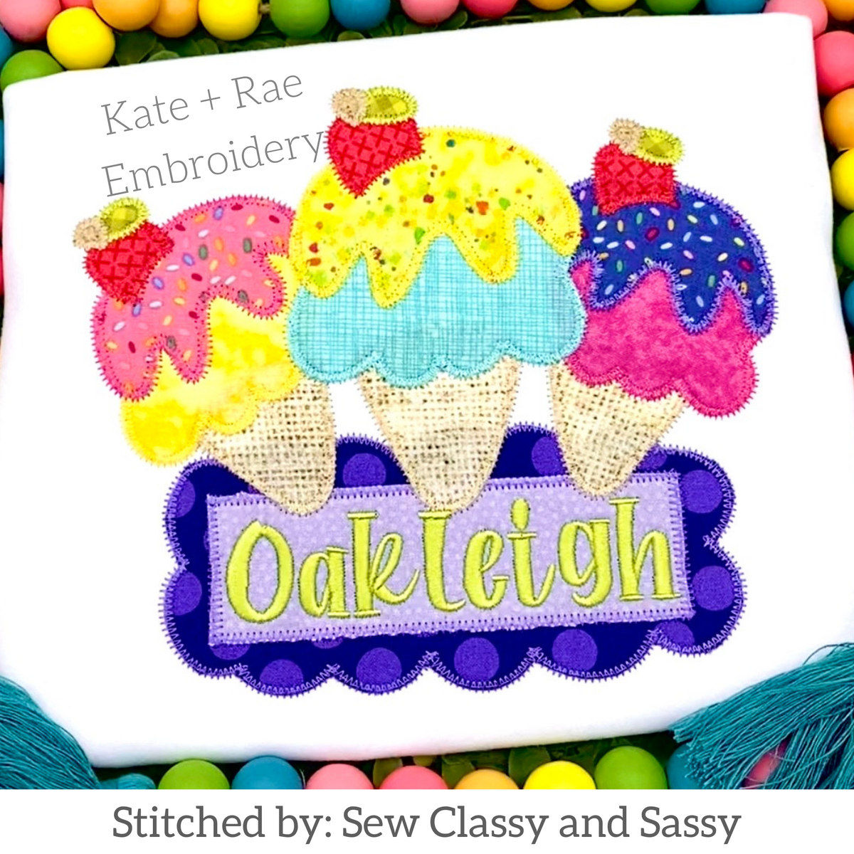 Ice Cream Trio Zigzag Applique Embroidery Design: Three ice cream cones with sprinkles and cherries above a purple name plate reading Oakleigh on a white shirt