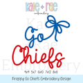 Preppy Go Chiefs Embroidery Design: Design preview of the words Go Chiefs in blue and red script with a blue bow, available in 4x4, 5x7, 6x10, 7x12, and 8x8