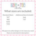 Tigers Script Sketch Stitch with Satin Stitch Outline Embroidery Design: Size chart showing standard sizes 5x7, 8x8, 6x10, and 7x12 plus additional sizes 6x6 and 7x7