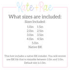 Beau Fill Stitch with Bean Stitch Border Embroidery Font: Font size chart showing sizes 1.0in to 5.0in with a native BX file resizable from 1.0in to 5.0in