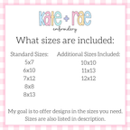 Curved Senior with Bow Satin Stitch Applique Embroidery Design: Size chart showing standard sizes 5x7, 6x10, 7x12, 8x8, and 8x13 plus additional sizes 10x10, 11x13, and 12x12