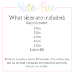 Varsity Satin Stitch Applique Embroidery Font: Size chart showing font sizes 3 to 5 inches plus a native BX file resizable from 3 to 5 inches, default 3 inches