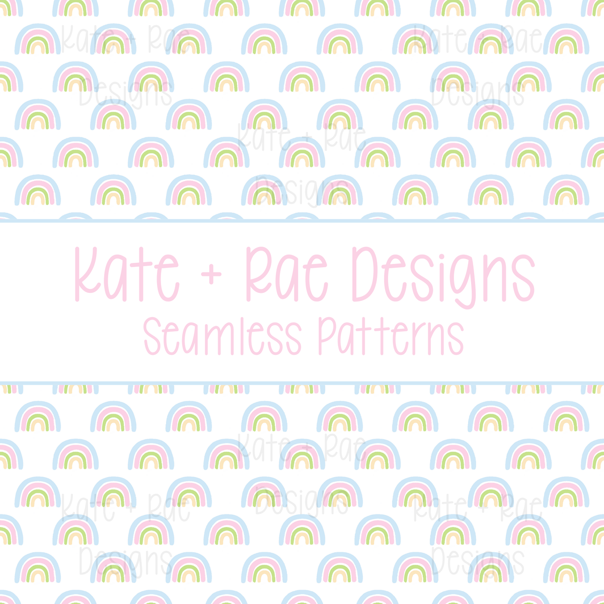 Blue Rainbow Seamless Pattern: Smaller scale seamless pattern of pastel blue watercolor rainbows