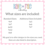 Heart Sucker Trio with Bows Satin Stitch Applique Embroidery Design: Size chart showing standard sizes 4x4 to 8x8 plus additional sizes 5x5, 6x6, and 7x7