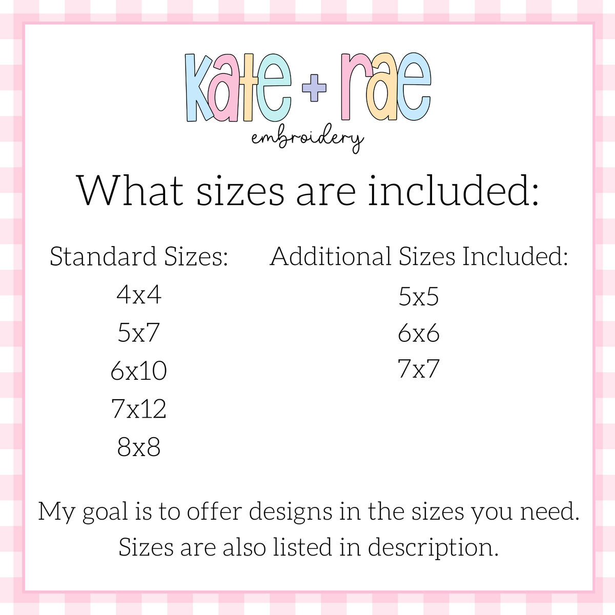 Heart Sucker Trio with Bows Satin Stitch Applique Embroidery Design: Size chart showing standard sizes 4x4 to 8x8 plus additional sizes 5x5, 6x6, and 7x7
