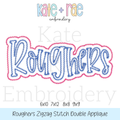 Roughers Zigzag Stitch Double Applique Embroidery Design: Design preview of the word Roughers in light blue script with a pink zigzag double outline, available in 6x10, 7x12, 8x8, and 9x9